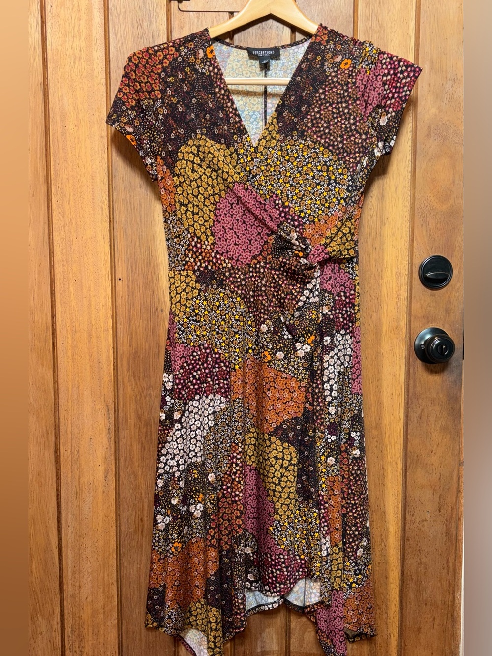 Perceptions Multi-Colored Floral Patchwork Print Faux Wrap Midi Dress